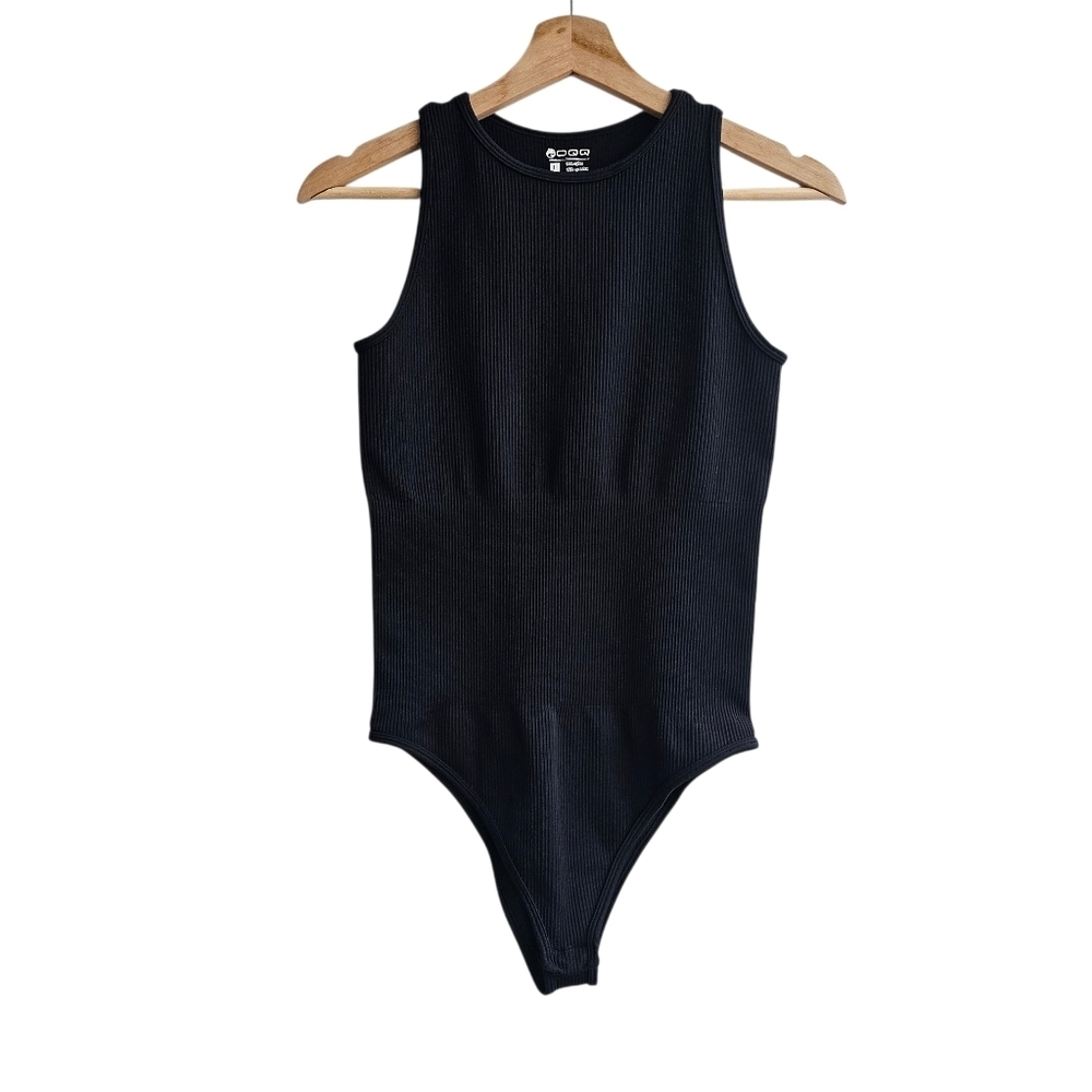 OQQ Black Ribbed Seamless High Neck Bodysuit Compression L
